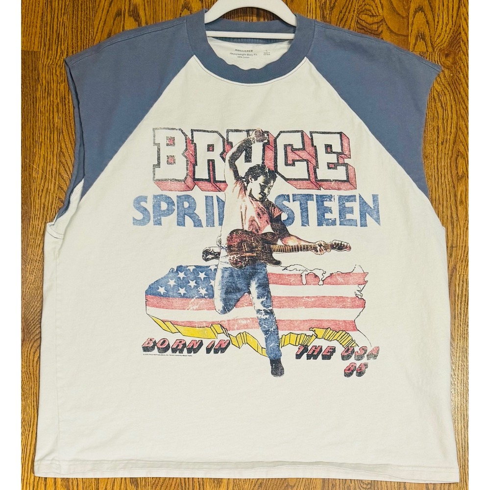 Hollister Bruce Springsteen Graphic Muscle Tee White Blue World Tour Large